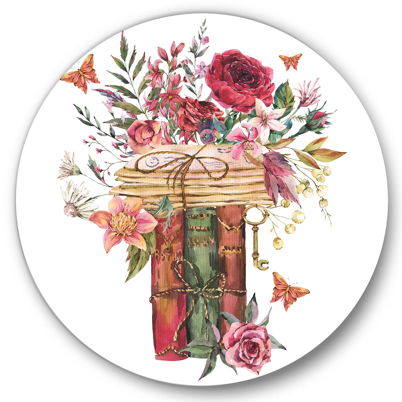 Designart - Vintage Old Books With Wildflowers - Farmhouse Metal Circle Wall Art